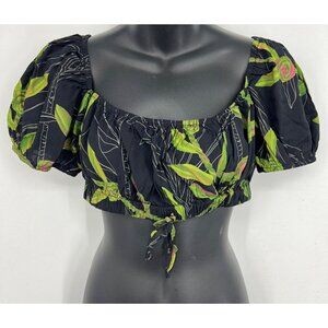 Lexbreezy Hawaii Modern Aloha Wear XL Leaf Black Crop Top Floral Puff Sleeve New